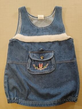 Girls 3T Vintage Minnie Mouse Denim  Pinafore Dress with Faux Fur Trim